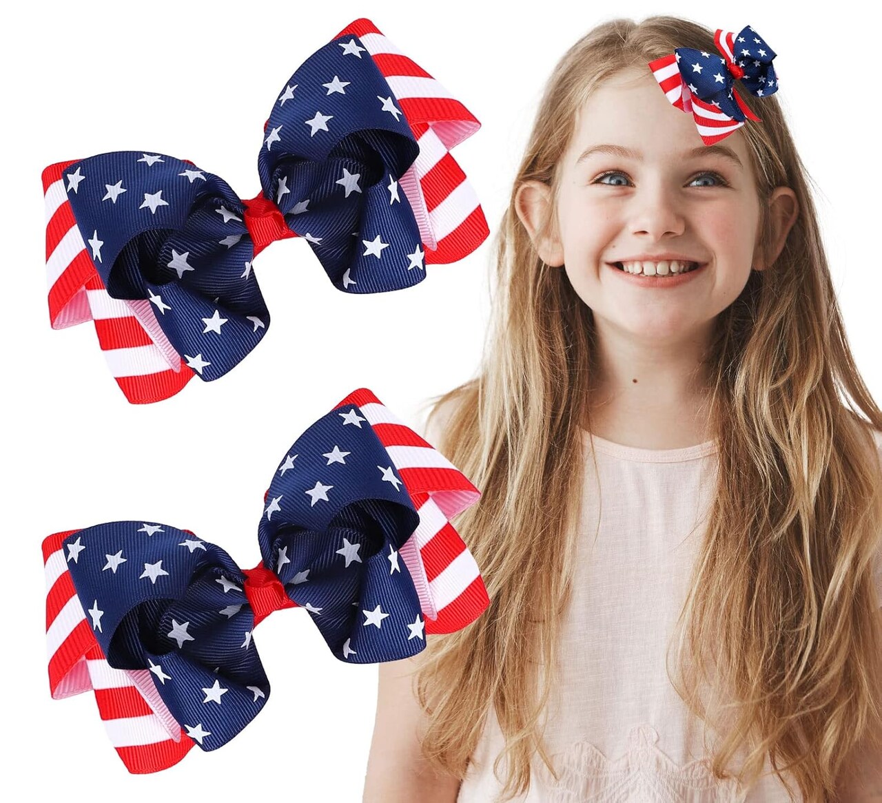 2 Pcs American Flag Hair Bow Clips – Patriotic Stars & Stripes Alligator Hairpins for Baby Girls, Kids & Women, 4th of July & Independence Day Hair Accessories